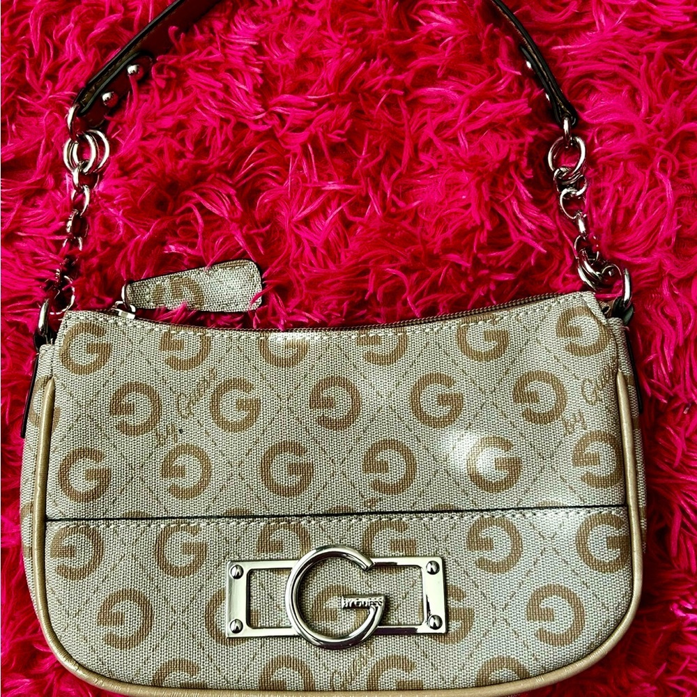 G by Guess NWOT Cream and Brown Shoulder Bag with Monogram Pattern